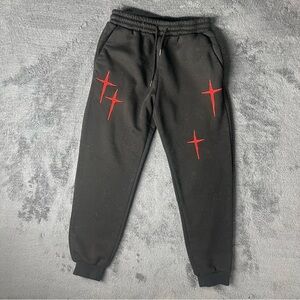 Black Embroidered Red Cross Star Galaxy Grunge Gothic Alternative Y2K Joggers